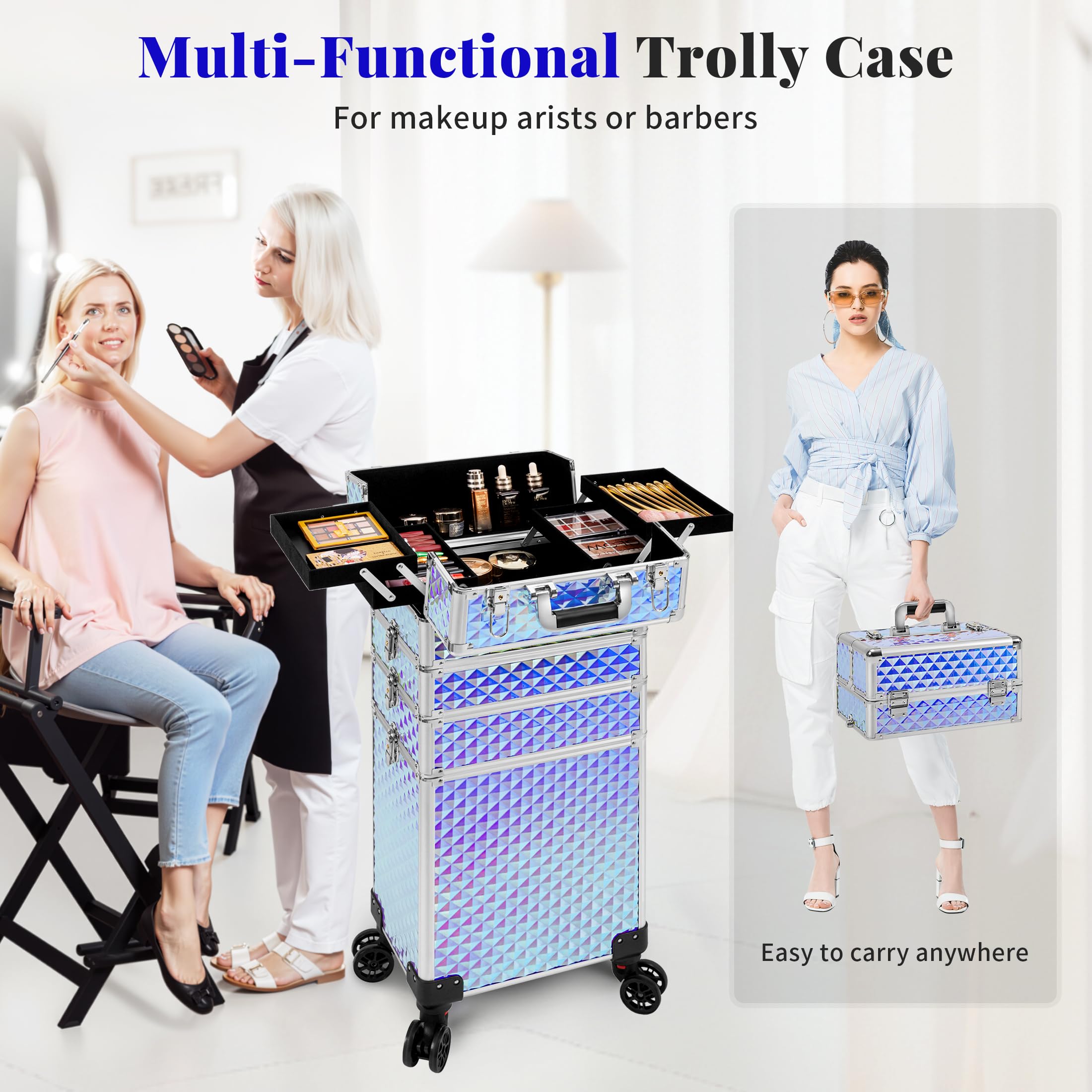 AROUS Rolling Train Makeup Case Cosmetology Case on Wheels, Colorful