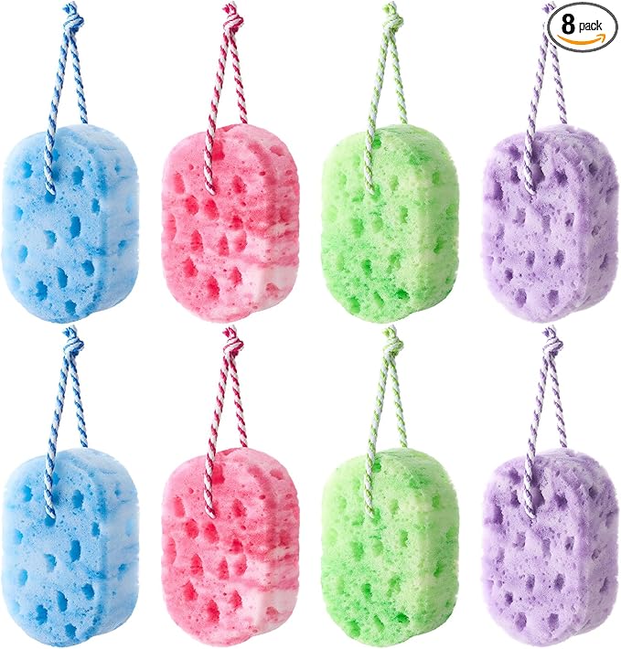 Boao 8 Pcs Bath Sponge for Women Men, Soft Shower Sponge Body Wash Scrubber Gentle Cleaning Loofahs for Shower (Purple, Pink, Blue, Green,Camouflage)