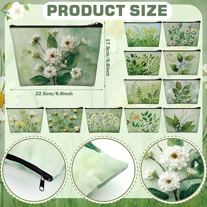 Sweetude 12 Pcs Green Flower Makeup Bags Bulk Green Plants Portable Travel Cosmetic Bags with Zipper Floral Waterproof Roomy Travel Toiletry Organizer Storage Beauty Pouch for Women Gifts