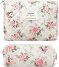 2Pcs Quilted Cotton Makeup Bag Large Travel Makeup Pouch Small Brush Holder Set for Women Floral Coquette Makeup Bag Cute Aesthetic Cosmetic Bag Blue Toiletry Organizer Storage Bag Big Zipper Pouch