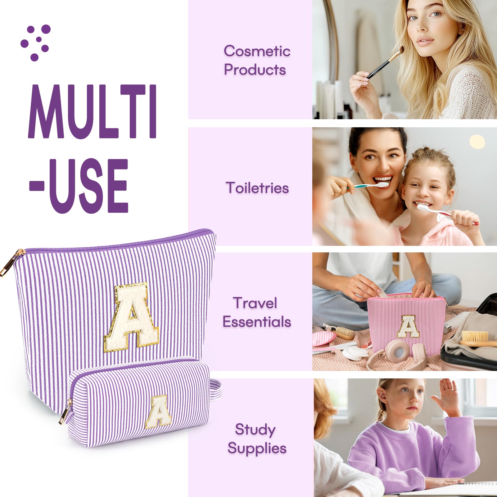 2 PCS Initial Makeup Bags for Women: Cosmetic Bag for Travel Toiletry - Birthday Gifts for 11 12 13 14 15 16 17 18 Years Old Girl Graduation Teacher Gift- Teen Girl Gifts Trendy Stuff - Purple H