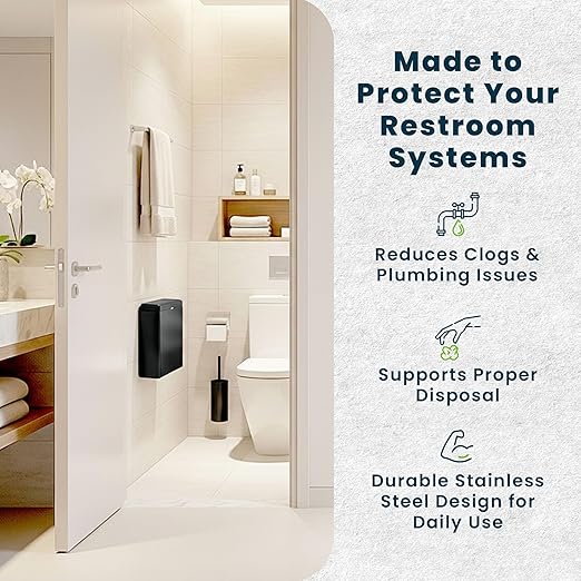 Alpine Sanitary Napkin Receptacle – Wall Mounted Tampon Holder for Bathroom Provides Clean & Odor-Free Restroom for Home, Office & Public Restrooms (Black)