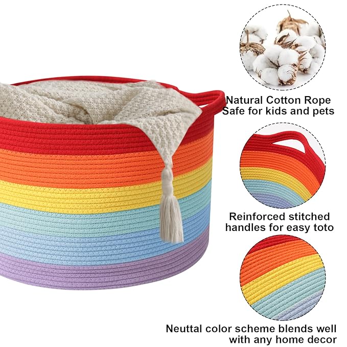 115L Large Blanket Basket,23.6" L x 23.6" W x 15.7" H Rope Woven Baskets with Handles, Toys Storage Bins,Laundry Basket Perfect for Living Room, Nursery,Bedroom,Home Organization,Rainbow
