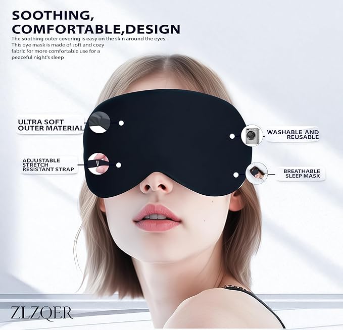 ZLZQER Cool Touch Cotton Eye Sleep Mask for Men & Women, Soft Breathable Flexible Fit for Side Sleepers, Adjustable Light Blocking Mask for Sleeping, Airplane Travel & Naps (Black)
