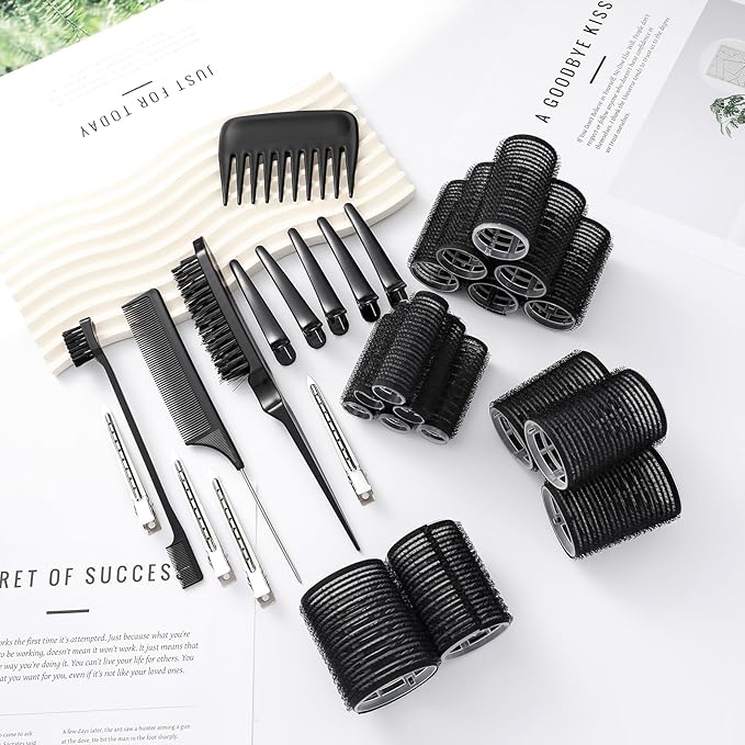 64 Pcs Self Grip Hair Rollers Set, 5 Sizes Rollers Hair Curlers with Clips Comb for Long Short Hair (60 48 40 32 20mm), Black