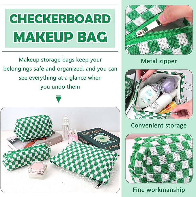 Gocvo 3 Pcs Makeup Bag Cosmetic Bag Set for Girls Women Checkered Travel Organizer Bathroom Toiletry Pouch Large Capacity Storage Bag(Green-White)