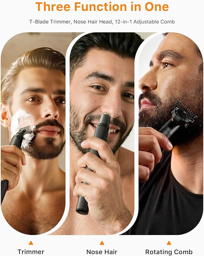 [2026 Upgraded] Beard & Nose Hair Trimmer Kit, [All-in-One] 12 in 1 Rotating Comb, Travel Body Hair Electric Shaver for Men, USB-C Fast Charging, Painless Razor Waterproof Wet/Dry, Black(Pack)