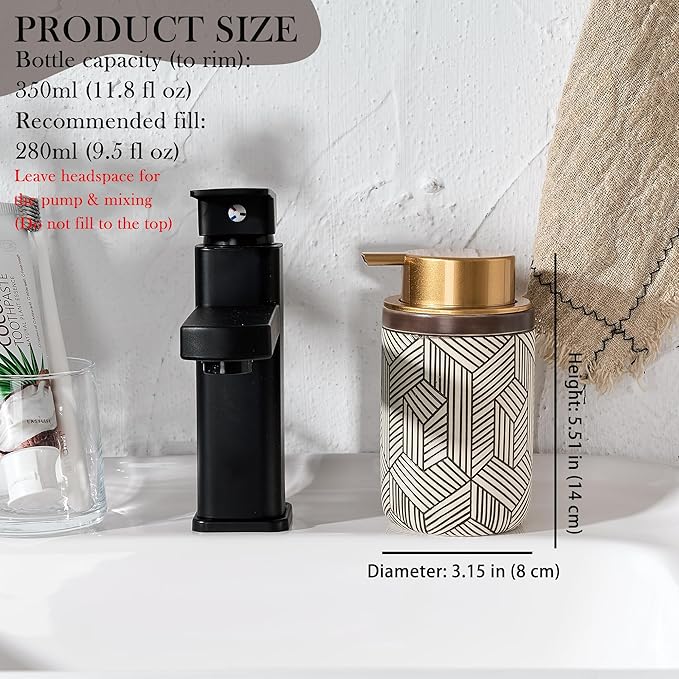 GIRLUFO Brown Foaming Soap Dispenser,Ceramic Foam Soap Dispenser for Bathroom&Kitchen,12oz Foam Dispenser with Plastic Gold Pump(Unique&Modern)