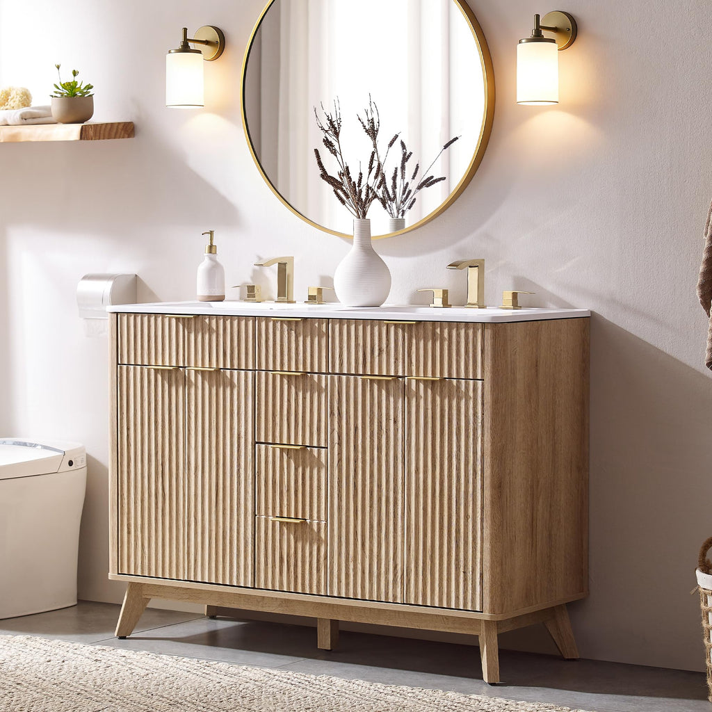 T4TREAM 48" Fluted Bathroom Vanity with Resin Sink Combo, Natural Oak