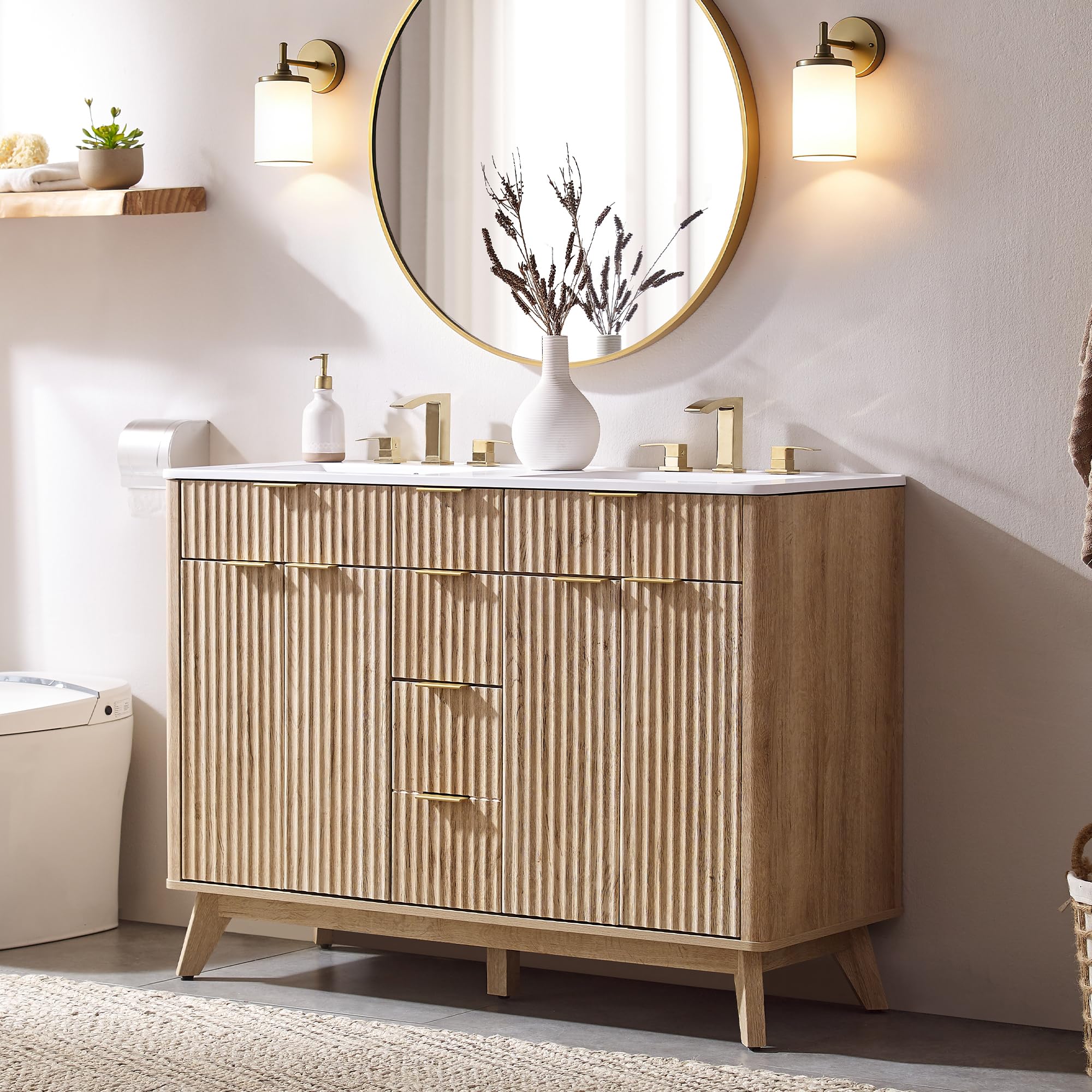 T4TREAM 48" Fluted Bathroom Vanity with Resin Sink Combo, Natural Oak