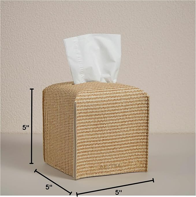OLETHA Square Tissue Box Cover - Aesthetic Desk Decor for Room, Home & Office - Tissues Cube Boxes Holder - Rattan Textured, Set of 2