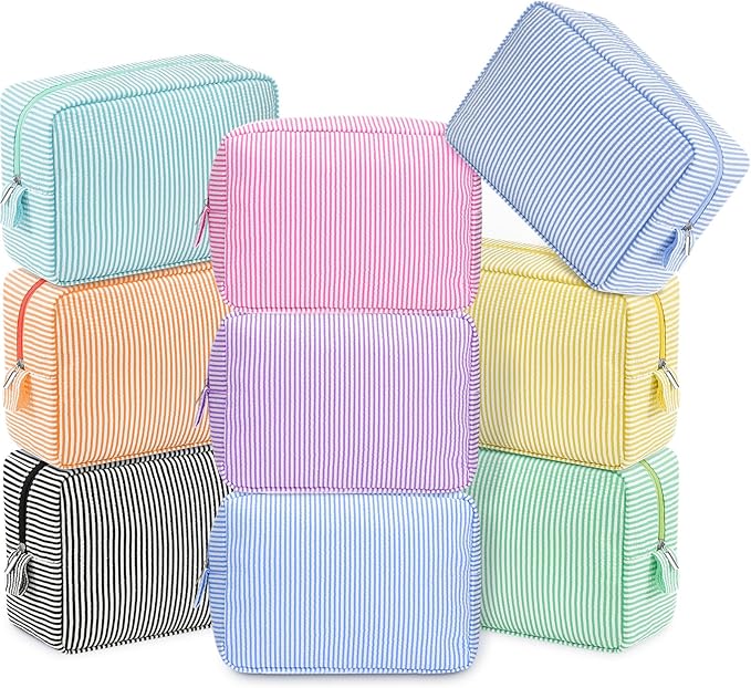 Sanwuta 9 Seersucker Cosmetic Bag Bulk Striped Makeup Bag for Women Aesthetic Cute Travel Toiletry Organizer Preppy Storage Pouch for Wedding Bridesmaid Mother's Day Teacher Gift (Large,Candy Color)