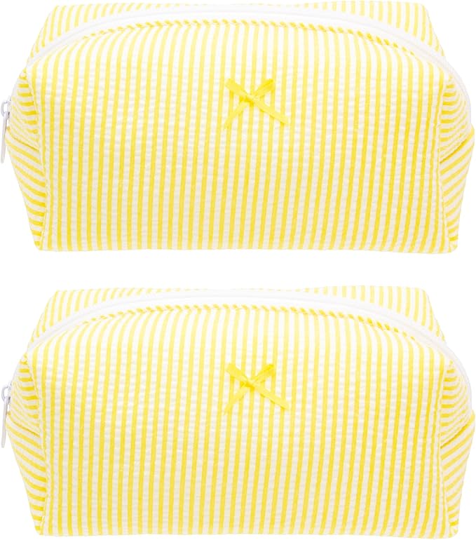 Cozy Makeup Bag for Women,Zipper Cosmetic Pouch,Stripe Yellow,2 Pack