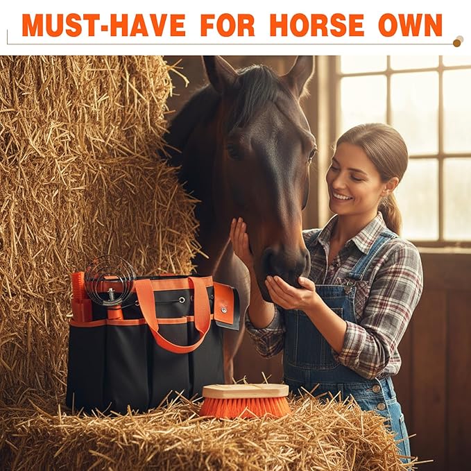 Abbylike 12 Pieces Horse Grooming Kit with Organizer Tote Bag Tack Room Supplies Horse Brush Sets Equine Care Cleaning Kit Shedding Grooming Massaging Tools(Orange)