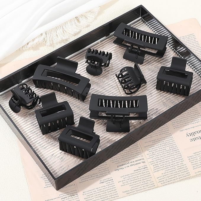 3 Style Hair Claw Clips 9 pcs Medium Claw Clips Hair Clips for Women Rectangle Claw for Thick Hair Square Hair Clips for Thin Hair Accessories for Women (Black)