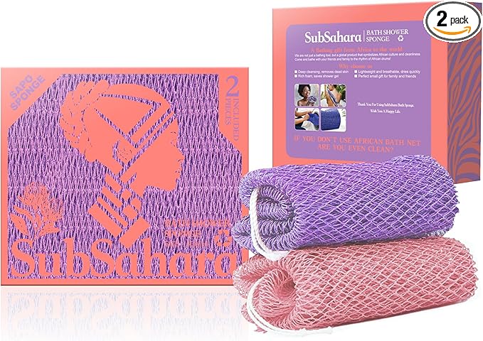 SubSahara Authentic African Net Sponge, 4 Pack 45-Inch Exfoliating Bath Sponge and Shower Loofah for Body and Back, Colorfast Quick-Dry Knotted Mesh Scrubber with Travel Pouch
