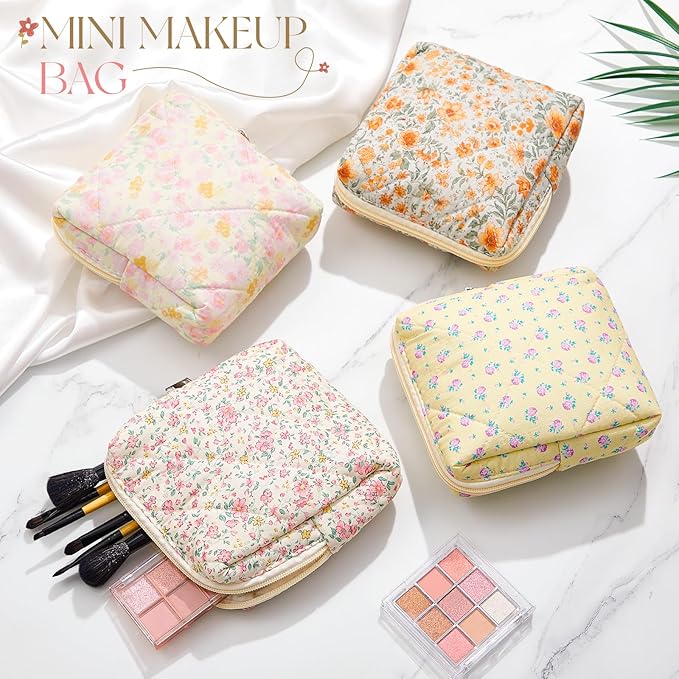 Paterr 4 Pcs Mini Quilted Floral Makeup Bag Yellow Flower Cosmetic Bag for Women Girls Small Quilted Pouch with Zipper Cute Cotton Travel Toiletry Bags for Back to School Teacher Students Gifts