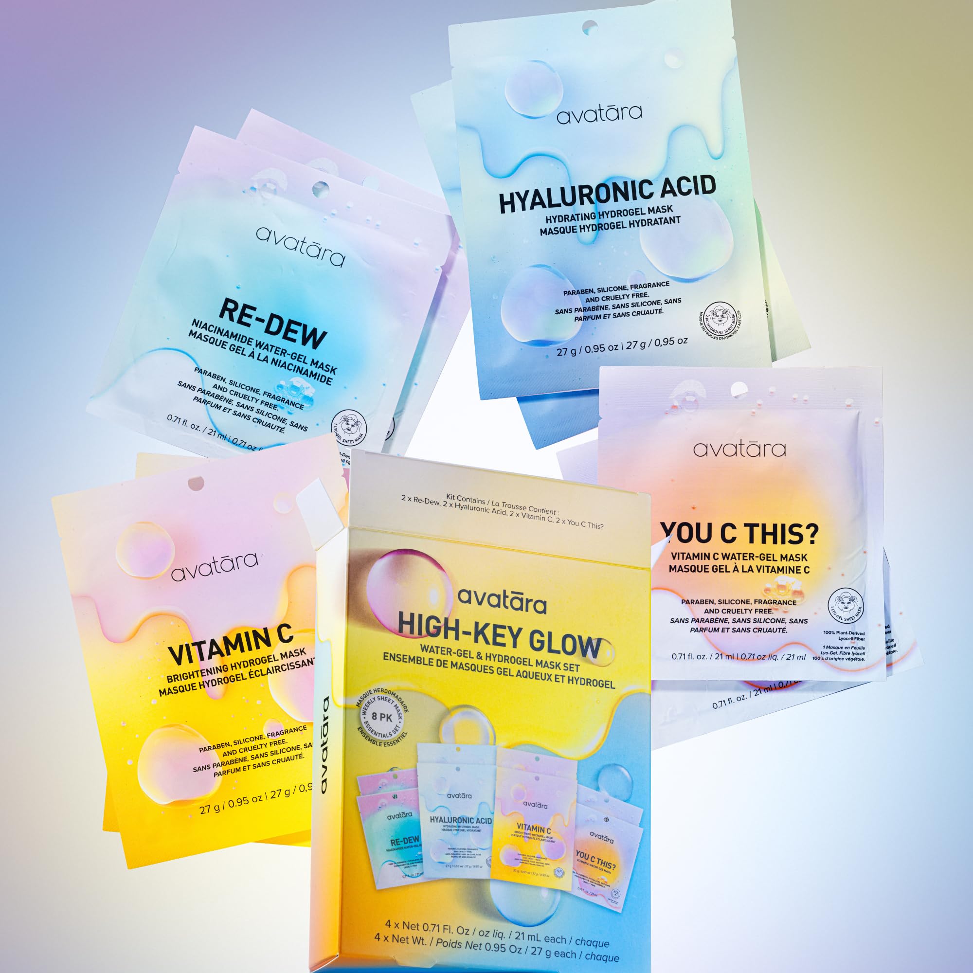 Avatara High-Key Glow Water-Gel and Hydrogel Sheet Mask Variety 8-Pack - Hyaluronic Acid, Vitamin C, and Lyocell Fiber Korean Beauty Face Masks for Tween, Teen and All Skin