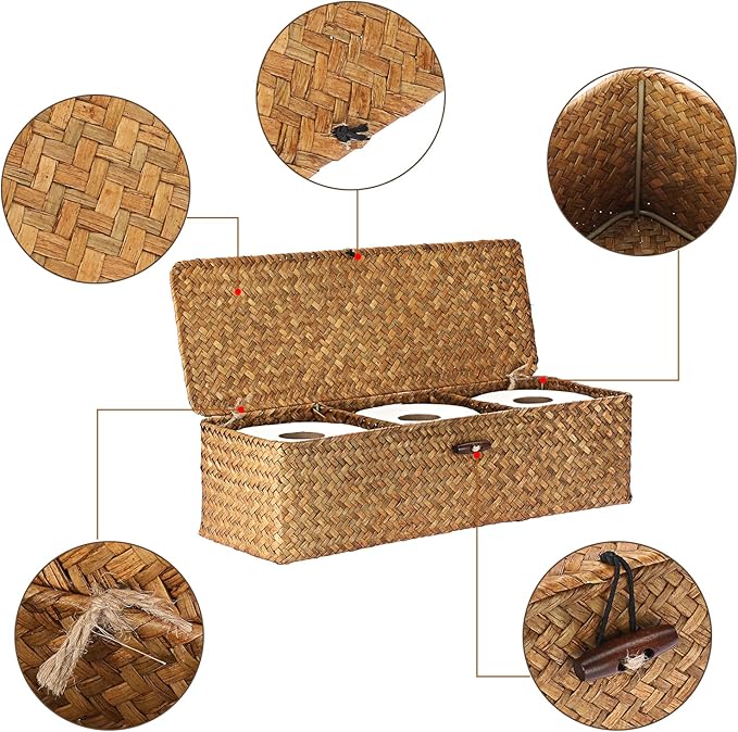 Sumnacon Extended Seagrass Storage Basket with Lid 3-Section Wicker Storage Basket,Small Woven Shelf Basket for Toiletries Tampon Storage,Seagrass Basket for Shelf Bathroom Toilet Counter,Caramel