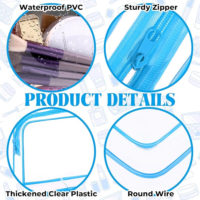 CHICAUP 6 Pieces Clear Makeup Bags Bulk TSA Approved Toiletry Bag for Travel PVC Waterproof Clear Cosmetic Pouch with Zipper for Men and Women Carry-on Travel Essentials (Blue)