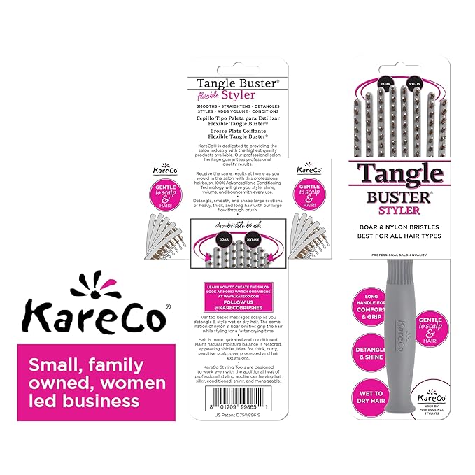 (All New) KareCo Tangle Buster Flexible Paddle Brush, Detangler & Styler for All Hair Types | Dual Nylon and Boar Bristles (9 Fingers)