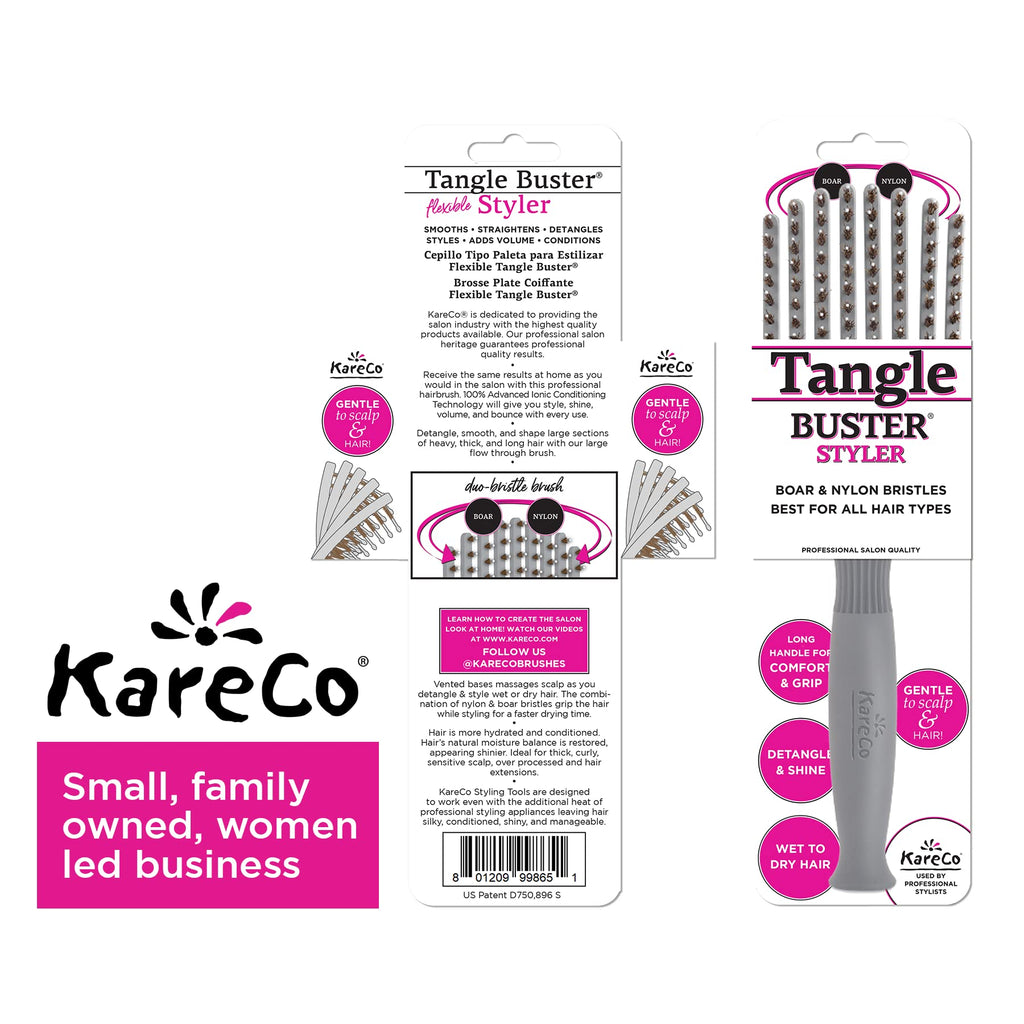 KareCo Premium Tangle Buster Brush – Travel Detangling Hair Brush with Non-Slip Rubber Handle & Soft Nylon Bristles, Wet & Dry Hair Detangler for All Types, Gray