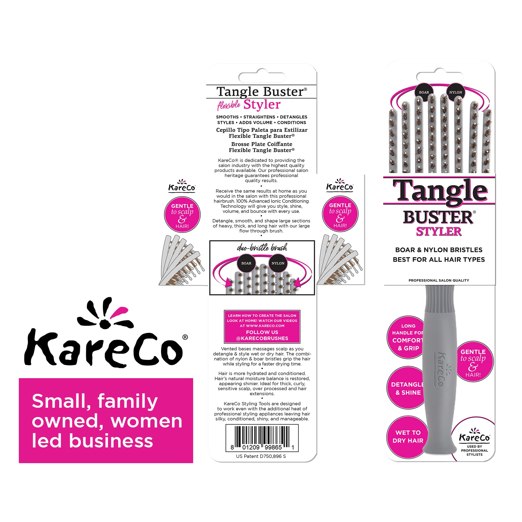 KareCo Premium Tangle Buster Brush – Travel Detangling Hair Brush with Non-Slip Rubber Handle & Soft Nylon Bristles, Wet & Dry Hair Detangler for All Types, Gray