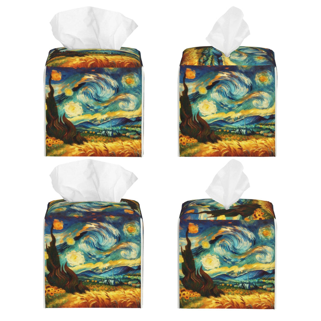 Starry Night Tissue Box Cover Square, Abstract Impressionist Oil Painting Tissue Box Holder Waterproof Leather Facial Paper Organizer Dispenser for Bathroom Home Car Nightstand Vanity Desk