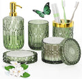 QIQU Green Glass Bathroom Accessories Set 5 Pcs, Green Bathroom Set, Soap Dispenser and Toothbrush Holder Set, Qtip Holder Set, Vintage Bathroom Sink Set, Cute Bathroom Decor