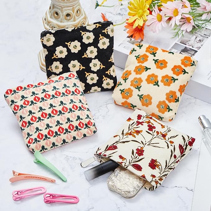 Abbylike 4 Pcs Small Makeup Bag Corduroy Cosmetic Pouch with Zipper Portable Little Bags for Purse Mini Pouch Cute Makeup Purse for Coin Essentials Items Women (Classic)