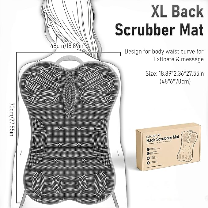 Vynusio Back Scrubber Body Bath Cushion Tub Bathtub Back Lumbar Support Ergonomic Silicone XL Thick Soft Seat Pad Non-Slip Suction Cups Relaxing Spa Mat Exfloating Scrubbing Shower 28 x 19 Grey