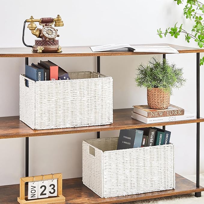 Vagusicc Wicker Storage Basket, Set of 2 Hand-Woven Paper Rope Wicker Basket, Small Storage Baskets for Organizing Toilet Paper Basket, Foldable Large Cube Storage Organizer Bins for Shelves (White)
