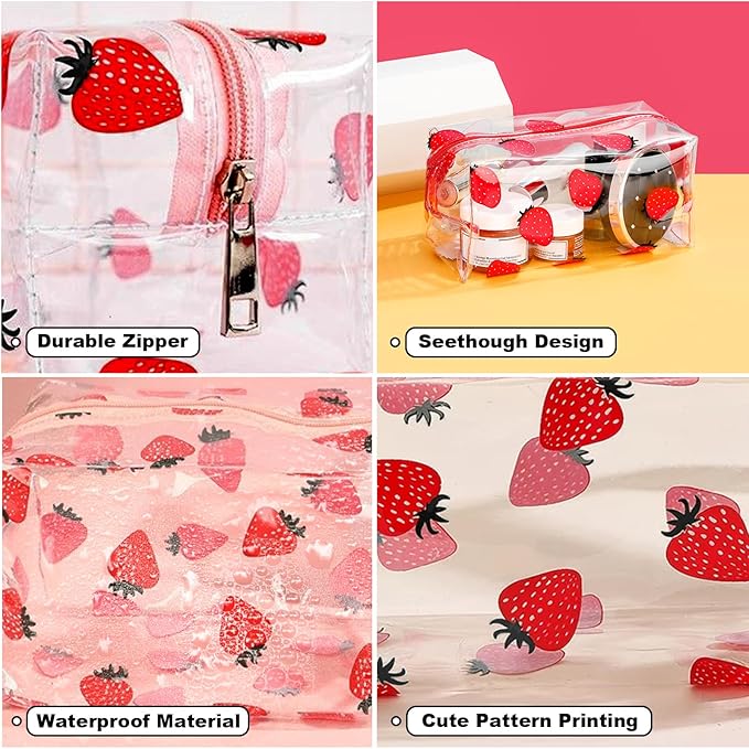 CarryEpic Clear Makeup Bag, Small Clear Toiletry Bag for Travel, Cosmetic Makeup Organizer Bags with Zipper, Plastic PVC Pouch Transparent Zip for Purse Reusable TSA Approved Quart Size (Strawberry)
