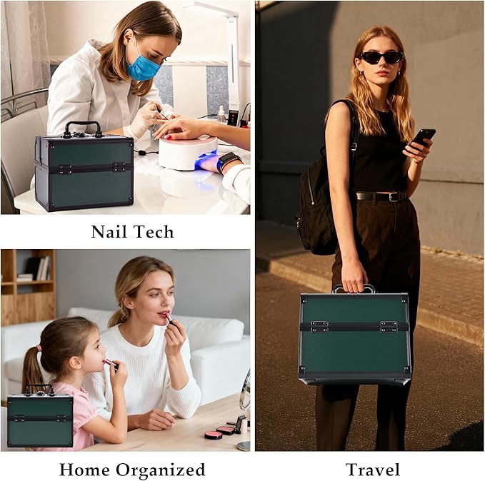 GALHUBIS Makeup Train Case, Portable Makeup Case with Mirror, 2-Trays Cosmetic Organizer Case,Nail Polish Organizer, Travel Makeup Box, Profesional for Salon Barber, Green