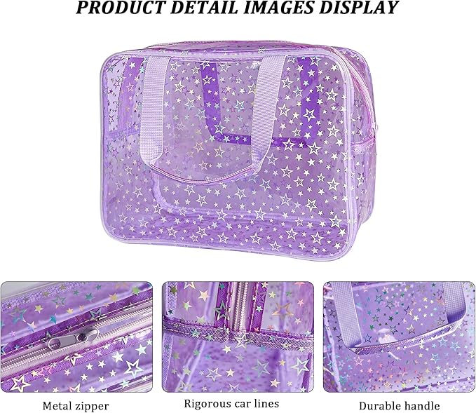 TotePrint Clear Star Large Cosmetic Bag and Travel Pouch with Handle,Durable Material,Zipper Design-Ideal for Makeup,Travel Essentials (Purple+Shiny Star)