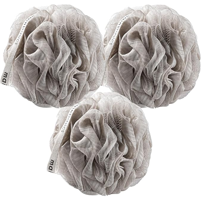 MainBasics Shower Loofah Sponge Pouf, Set of 3, Totally Taupe