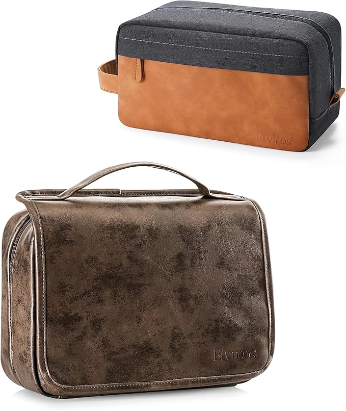 Elviros Hanging Travel Toiletry Bag Gift for Men，Mens Toiletries Bag Gifts Set Shaving Dopp Kit Water-resistant Bathroom Toiletries Organizer PU Leather Cosmetic Bags 2 Pack