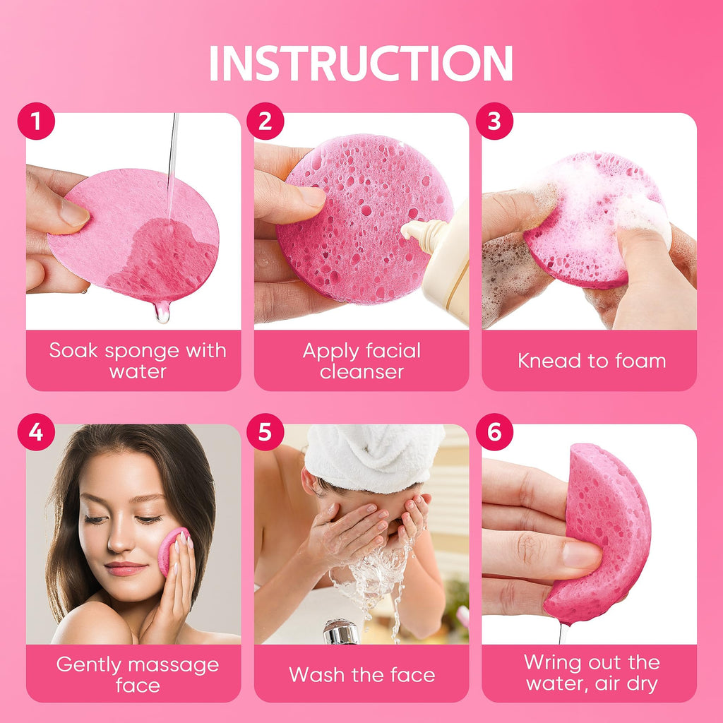 GAINWELL 50-Count Compressed Facial Sponge for Daily Facial Cleansing and Exfoliating, 100％ Natural Cosmetic Spa Sponges for Makeup Remover, Reusable, Pink