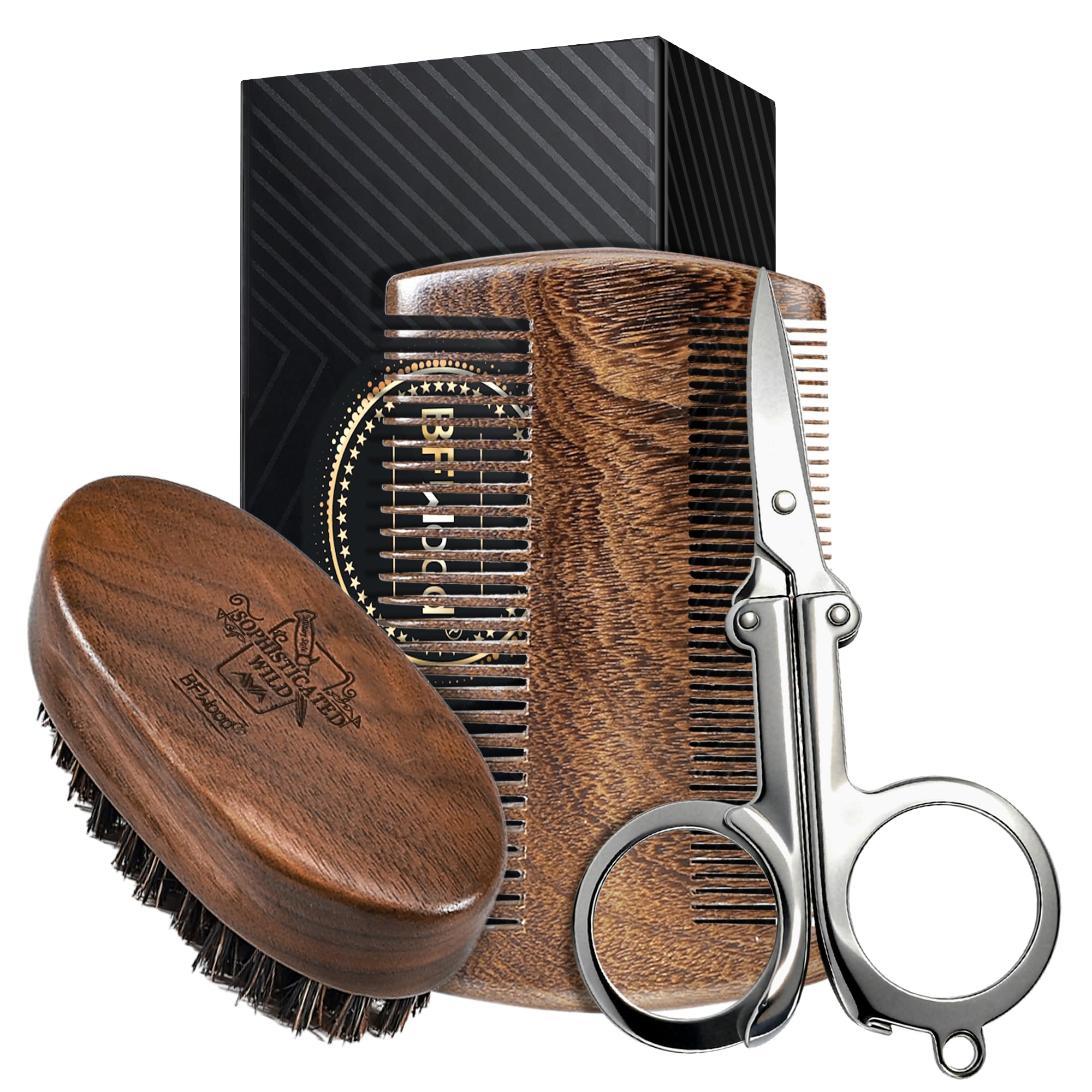 BFWood Mens Beard Brush Comb Kit, Small Travel Beard Set - Natural Boar Bristles With Black Walnut Wood, Grooming Sandalwood Mustache Comb, Mustache Trimming Sissors With Storage Bag