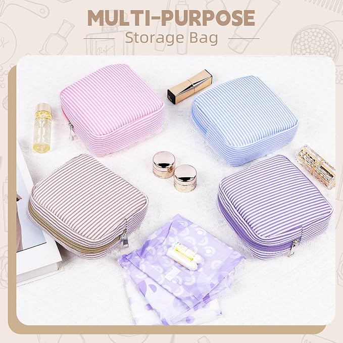 Period Bag for Teen Girls, Stripes Sanitary Napkin Storage Bag with Ring Buckle, Menstrual Pad Pouches Tampon Holder for Purse (Purple)