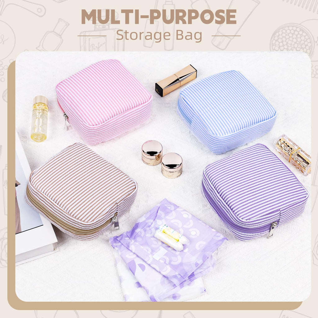 Playexen Period Bag for Teen Girls, Stripes Sanitary Napkin Storage Bag with Ring Buckle, Menstrual Pad Pouches Tampon Holder for Purse (Khaki)