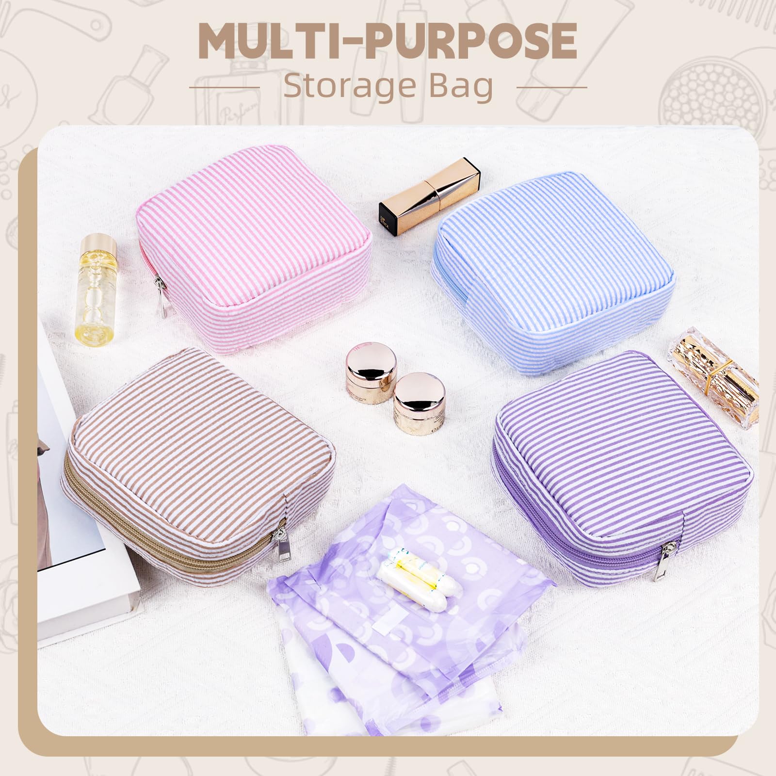 Playexen Period Bag for Teen Girls, Stripes Sanitary Napkin Storage Bag with Ring Buckle, Menstrual Pad Pouches Tampon Holder for Purse (Khaki)