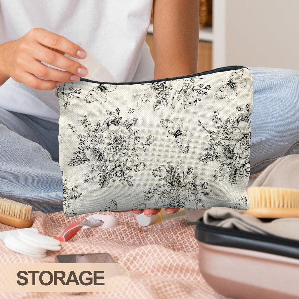 RYYCDOI Vintage Boho Floral Butterfly Makeup Bag, Chinoiserie Black and White Cosmetic Bags for Women, Cottagecore Botanical Butterfly Zipper Makeup Pouch