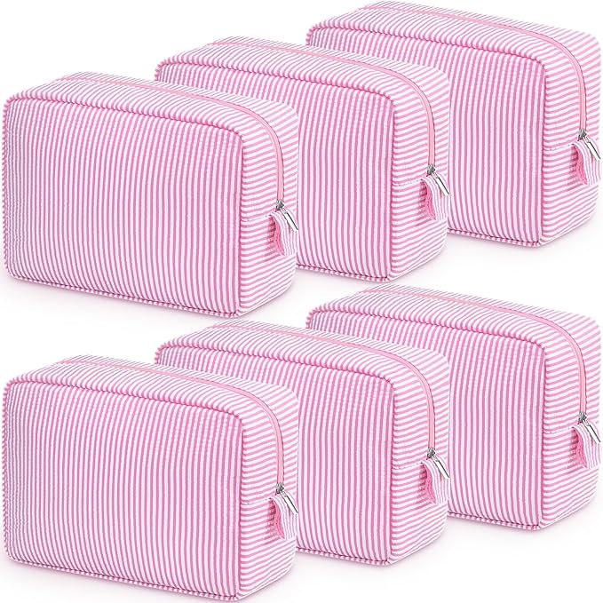 Sanwuta Seersucker Cosmetic Bag Bulk Striped Makeup Bag for Women Aesthetic Cute Travel Toiletry Organizer Preppy Storage Pouch for Wedding Bridesmaid Mother's Day Teacher Gift(Large,Pink,6)