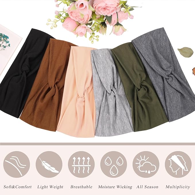 XTREND 6 Pcs Headbands for Women, Twisted Cross Elastic Head Bands Yoga Workout Non-Slip Sweat Soft Solid Color Simple Versatile Hair Accessory Hairbands