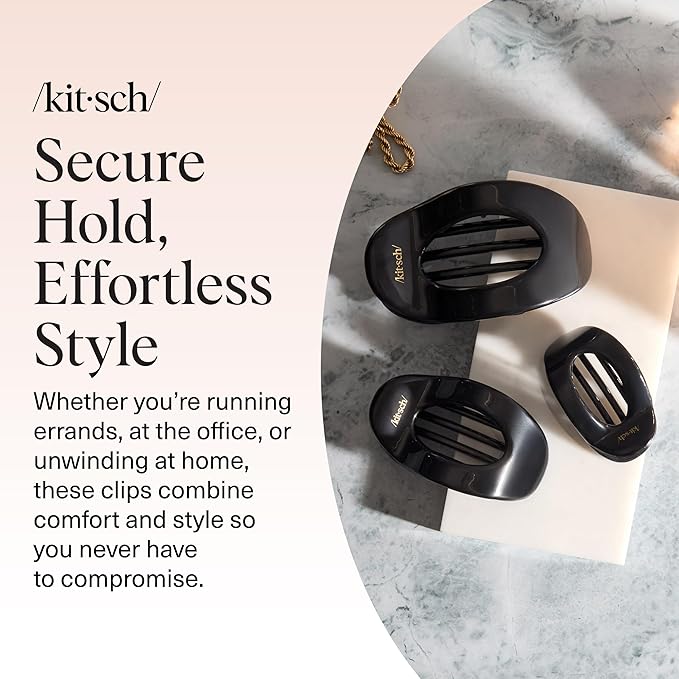Kitsch Small Flat Claw Clips for Women - Stylish Flat Hair Clips, Strong Hold for Thick & Fine Hair | Non-Slip for Secure, Comfortable All-Day Wear - Black