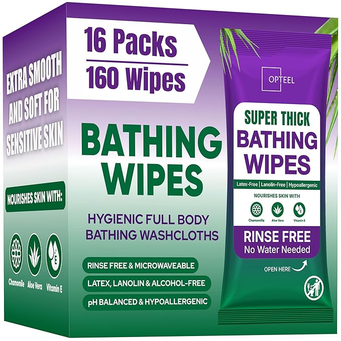 OPTEEL Super Thick Bathing Wipes for Adults Bathing No Rinse – Full Body Shower Wipe, Ideal for Men, Women & Elderly – Extra Large & Soft Travel Wipes Perfect Alternative to Shower – 16 Packs (160ct)