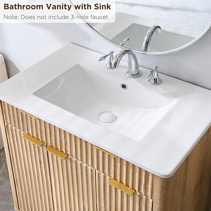 T4TREAM 30" Fluted Bathroom Vanity with Ceramic Sink Combo，Freestanding Modern Bathroom Storage Vanity Cabinet with 2 Soft Closing Doors & 3 Drawers，Wood Grain Texture，Metal Handle，Natural Oak | Fluted, Freestanding, Modern, Bathroom Storage, Vanity Ca...