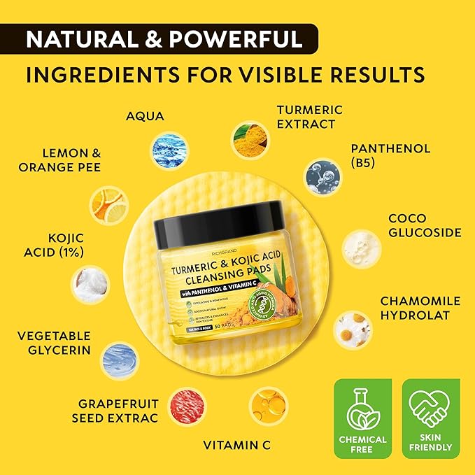 Turmeric Kojic Acid Cleansing Pads for Face - Exfoliating Sponges with Vitamin C & Lemon - Foaming Facial Wash for Glowing Skin & Uneven Tone Support - Gentle Daily Scrub