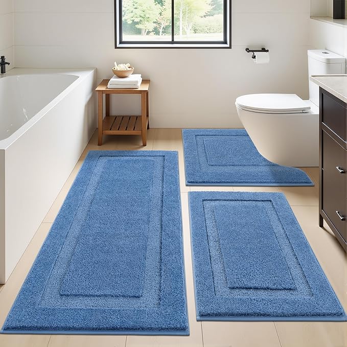 SHACOS Blue Bathroom Rugs Sets 3 Piece Bath Mat U Shaped Toilet Rug